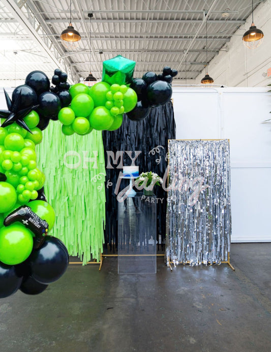 Game On Party Backdrops-Fringe Backdrop-Party Decor-Oh My Darling Party Co-Oh My Darling Party Co-backdrops for party, balloon garlands, birthday boy, black, black and silver party, black backdrops, boy, boy baby shower, boy birthday, boy party, boy shower, boys, boys birthday, fortnite, fringe backdrop, fringe decor, fringe garland, Fringe Streamers, green, GREEN BACKDROP, GREEN BACKDROPS, lime green, metallic silver, minecraft, OMDPC, party backdrops, premium, school spirit, silver, SILVER BACKDROP, silve