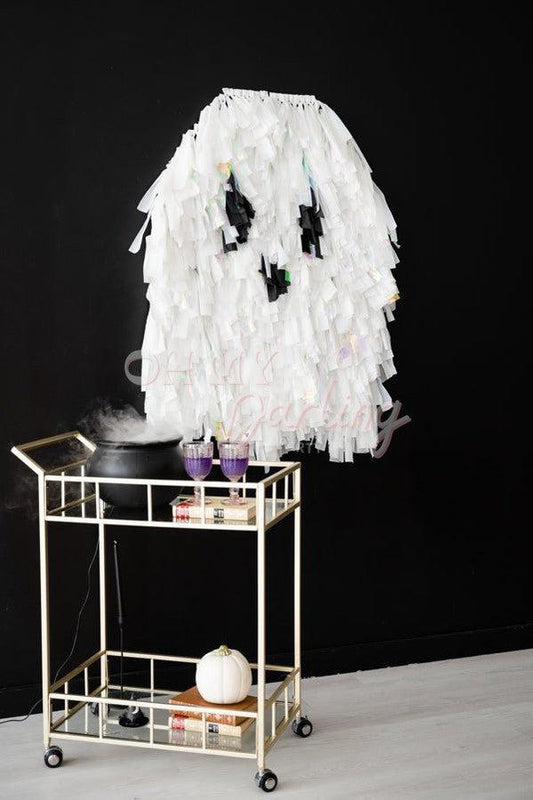 Ghost Shape Backdrop-Fringe Backdrop-Party Decor-Oh My Darling Party Co-Oh My Darling Party Co-backdrops for party, balloon garlands, fringe garland, Fringe Streamers, ghost, gn party, halloween, halloween party, OMDPC, party backdrops, party supplies, spooky, spooky halloween, tassels, WHITE BACKDROP