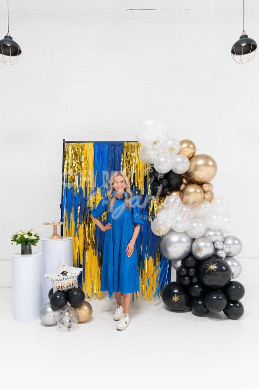 Grad Gala Backdrop-Fringe Backdrop-Party Decor-Oh My Darling Party Co-Oh My Darling Party Co-backdrops for party, balloon garlands, Birthday Party, blue, BLUE BACKDROP, BLUE BACKDROPS, blue party, boat, boating, boats, boy party, celebrate, college football, Fishing, fringe backdrop, fringe garland, Fringe Streamers, girl party, gold, GOLD BACKDROP, gold details, gold metallic, gone fishing, grad, grad party, graduation, graduation party, metallic gold, Nautical, OMDPC, party backdrops, party decor, party s