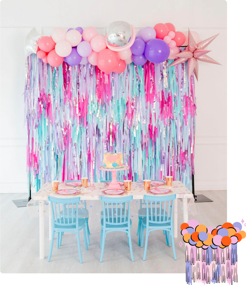 Oh My Darling Party Co purple, pink, and blue fringe backdrop with balloons and party table