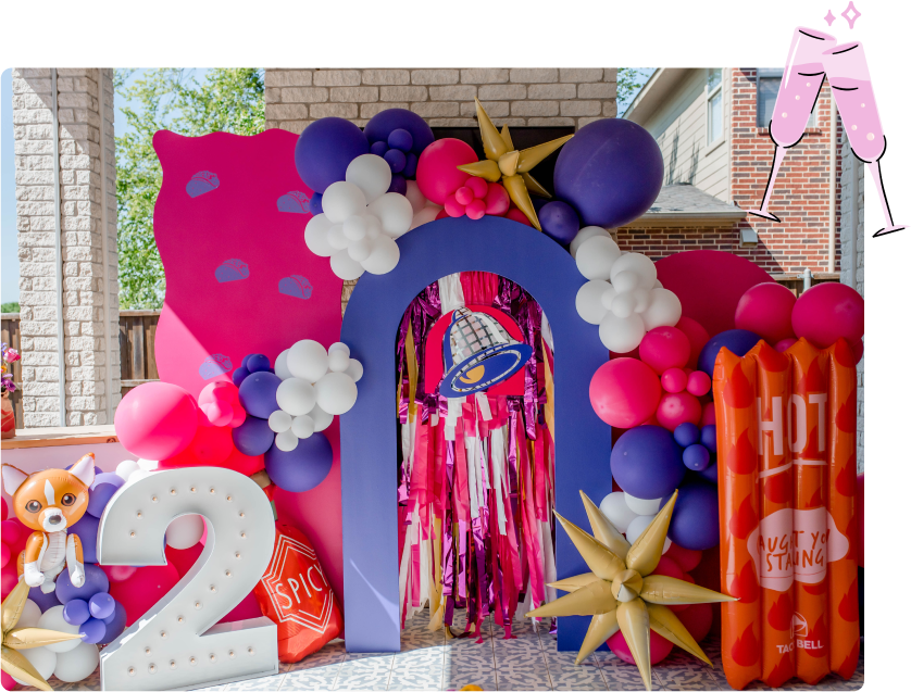 Oh My Darling Party Co Taco Bell themed custom backdrop and balloon party installation