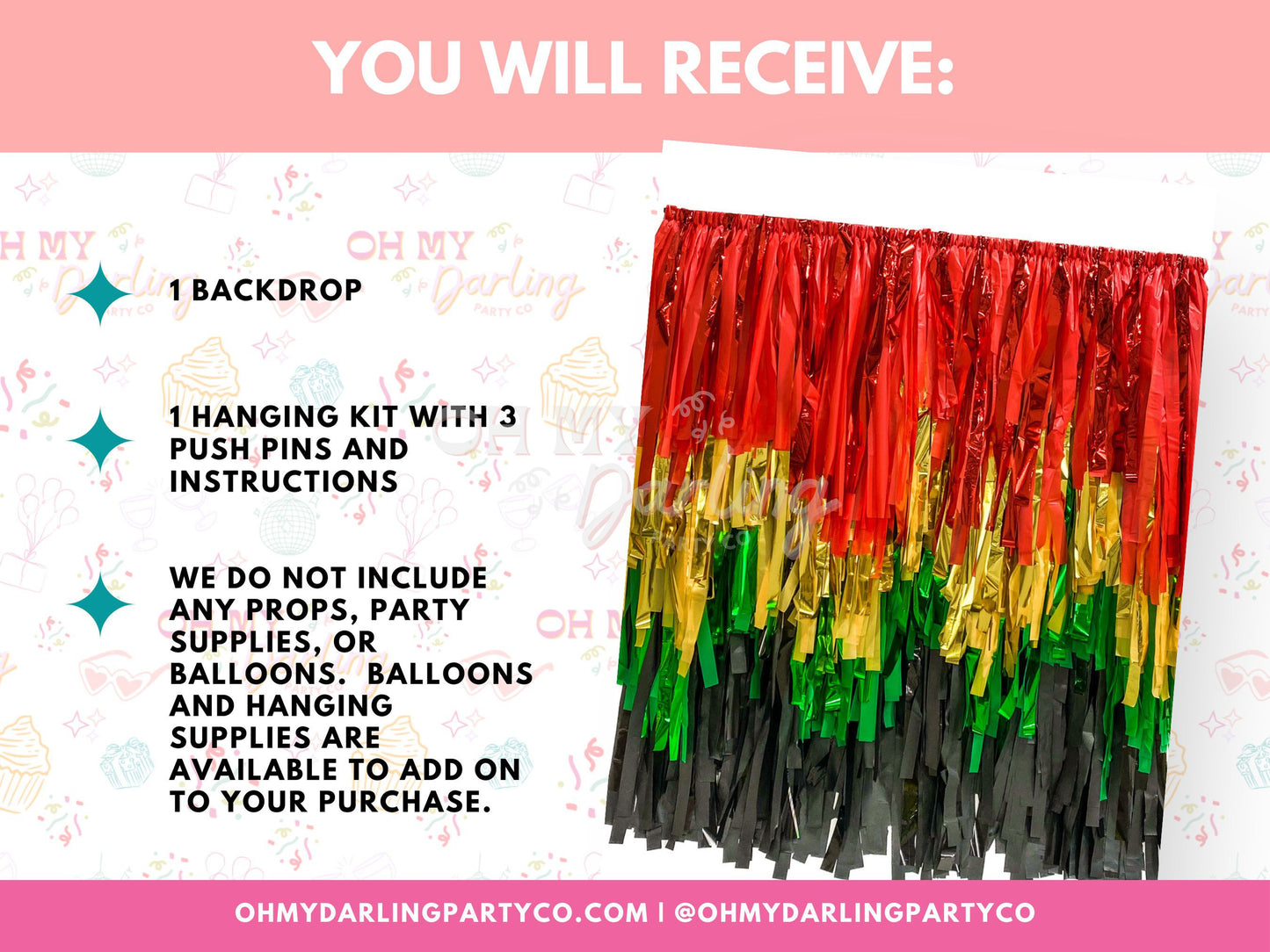 Juneteenth Backdrop-Fringe Backdrop-Party Decor-Oh My Darling Party Co-Oh My Darling Party Co-backdrops for party, balloon garlands, black, black backdrops, fringe garland, Fringe Streamers, gold, GOLD BACKDROP, gold details, green, green and red, GREEN BACKDROP, GREEN BACKDROPS, juneteenth, kelly green, metallic backdrop, metallic gold, metallic red, OMDPC, party backdrops, premium, red, Red and Green, RED BACKDROP, summer, summer soiree, tassels, yellow, YELLOW BACKDROP