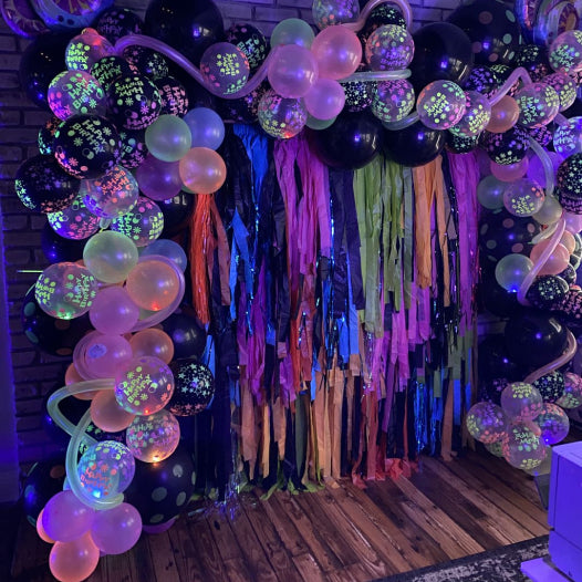 Oh my darling party co customer photo of glow in the dark fringe backdrop