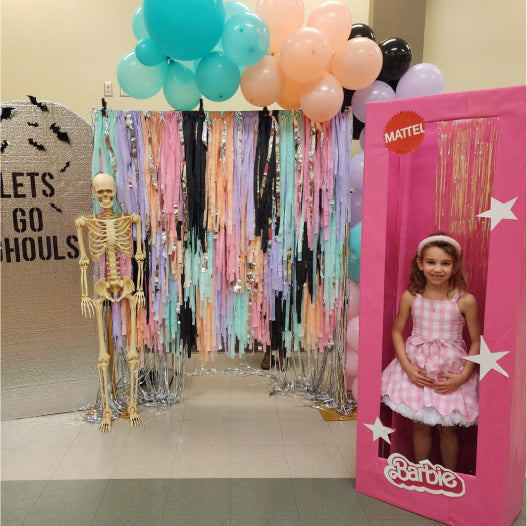 Oh my darling party co customer photo of blue and peach fringe backdrop