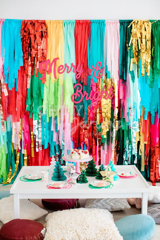 Merry & Bright Backdrop-Fringe Backdrop-Party Decor-Oh My Darling Party Co-Oh My Darling Party Co-bachelorette, backdrops for party, balloon garlands, bermuda, BLUE BACKDROP, BLUE BACKDROPS, blush, bridal shower, bubblegum, candy pink, christmas, Christmas 22, Christmas Decor, christmas decoration, christmas eve, christmas garland, Christmas Party, christmas party decor, christmas party idea, cream, default, fringe garland, Fringe Streamers, gn party, gold, GOLD BACKDROP, goldenrod, GREEN BACKDROP, GREEN BA