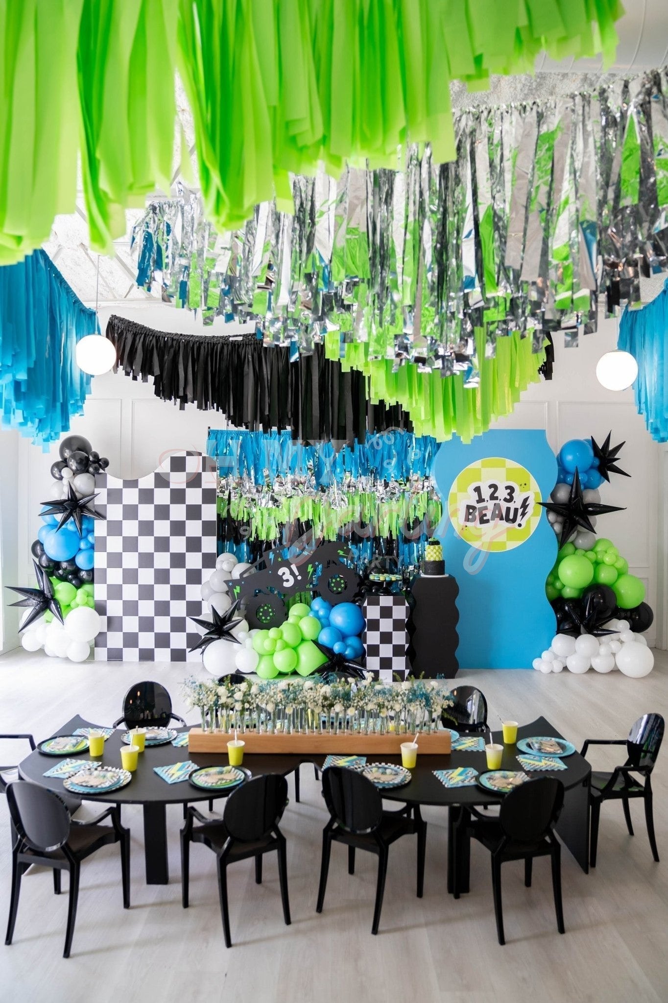 Monster Truck Bash Backdrop-Fringe Backdrop-Party Decor-Oh My Darling Party Co-Oh My Darling Party Co-backdrops for party, balloon garlands, birthday boy, birthday decorations, black, black and silver party, black backdrops, blue, BLUE BACKDROP, BLUE BACKDROPS, blue party, boy baby shower, boy birthday, boy party, boy shower, boys birthday, car, cars, first birthday, fringe garland, Fringe Streamers, green, GREEN BACKDROP, GREEN BACKDROPS, happy birthday collection, lime green, metallic aqua, metallic backd