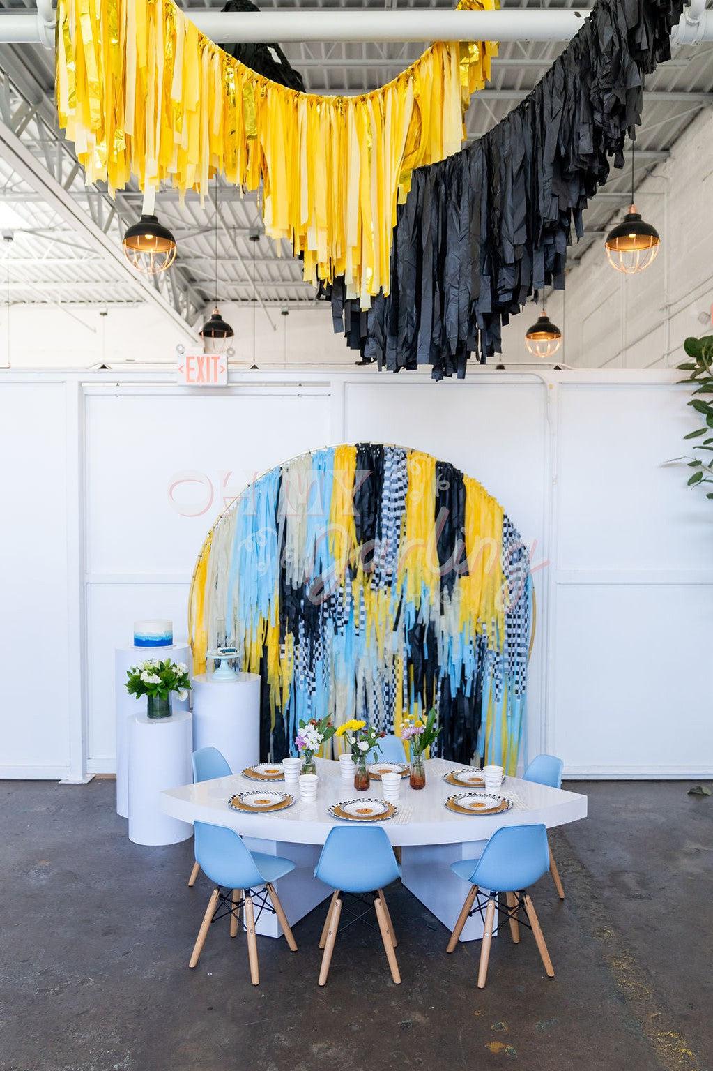One Cool Dude Semi Circle Fringe Backdrop-Fringe Backdrop-Party Decor-Oh My Darling Party Co-Oh My Darling Party Co-baby, baby blue, backdrops for party, balloon garlands, Birthday, birthday decorations, black and yellow, blue and peach, blue and white, blue party, checkered, cool dude, dusty blue, first birthday, fringe garland, Fringe Streamers, gender neutral birthday, happy dude, Kids Birthday, Kids Party, ocean, OMDPC, party backdrops, preppy, preppy party, semi circle, semicircle backdrop, skater, smi