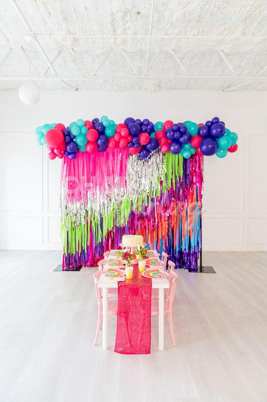 Ready To Ship: Candyland Backdrop-Fringe Backdrop-Party Decor-Ready To Ship-Oh My Darling Party Co-90s, 90s bachelorette, 90s birthday party, amethyst, bach to the 90s, backdrops for party, balloon garlands, bermuda, bright rainbow, candy pink, candyland, coral, default, fringe garland, Fringe Streamers, girl party, jojo siwa, lime green, lisa frank, magenta, metallic silver, neon, neon glow party, neon party, neon rainbows, neons, OMDPC, party backdrops, party vibes only, PINK BACKDROP, pool party, pop sta