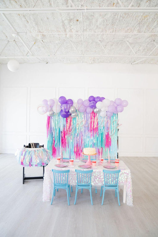 Ready To Ship: Mermaid Shellebrate Fringe Backdrop-Fringe Backdrop-Party Decor-Oh My Darling Party Co-Oh My Darling Party Co-backdrops for party, balloon garlands, be mine, be my valentine, beach, Beach House, bermuda, blue, BLUE BACKDROP, BLUE BACKDROPS, blue party, butterfly, candy pink, default, donuts, fringe garland, Fringe Streamers, girl party, iridescent, last splash, lavender, lavender birthday, light blue, mermaid, mermaid party, mermaids, metalic silver, metallic iridescent, metallic silver, mint