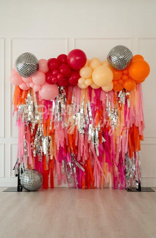 Ready To Ship: Saturday Night Fever Backdrop-Fringe Backdrop-Party Decor-Ready To Ship-Oh My Darling Party Co-1970's birthday, 70's, 70's party, bachelorette, backdrops for party, balloon garlands, be my valentine, best sellers, bridal shower, bubblegum, candy pink, fringe garland, Fringe Streamers, girl party, groovy, hippie, metalic silver, metallic backdrop, metallic silver, OMDPC, orange, Orange & Pink, ORANGE BACKDROP, oranges, party backdrops, peach, peachy, Pink, pink and orange, PINK BACKDROP, princ