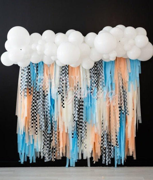 Ready To Ship: Vrooming Into Two Fringe Backdrop-Fringe Backdrop-Party Decor-Ready To Ship-Oh My Darling Party Co-baby blue, backdrops for party, balloon garlands, birthday boy, birthday decorations, Birthday Party, blue, blue baby shower, BLUE BACKDROP, BLUE BACKDROPS, blue party, boy baby shower, boy birthday, boy party, boy shower, boys birthday, car, cars, checkerboard, fringe backdrop, fringe decor, fringe garland, Fringe Streamers, happy birthday, happy birthday collection, light blue, OMDPC, party ba