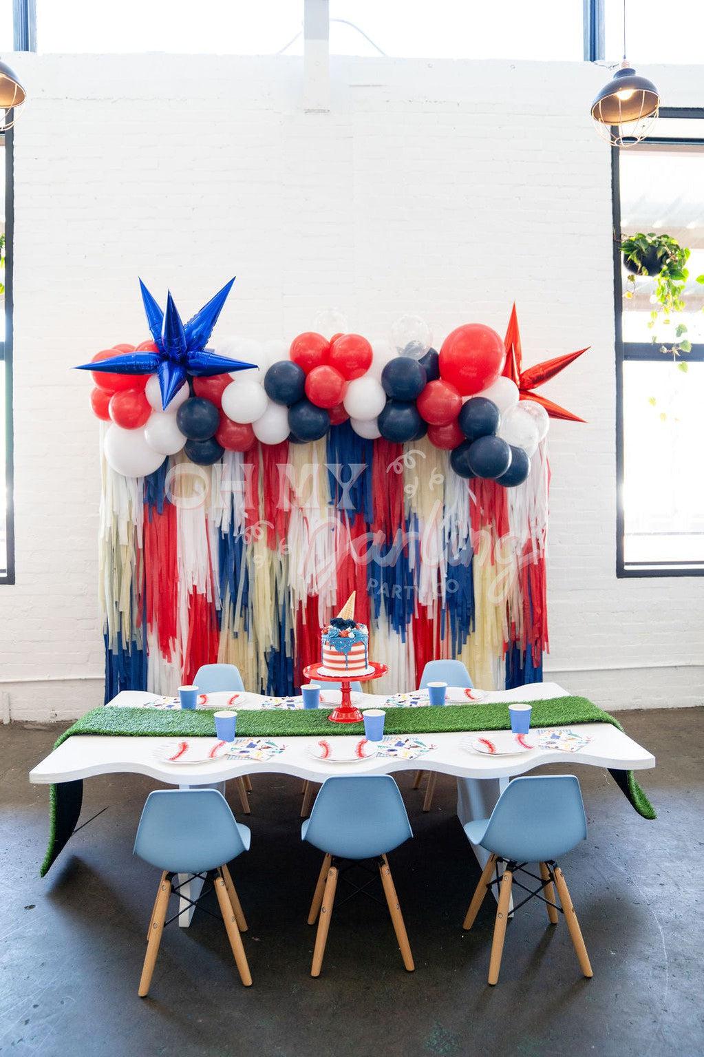 Ready to Ship: Grand Slam Backdrop-Fringe Backdrop-Party Decor-Oh My Darling Party Co-Oh My Darling Party Co-Airplane, airplane birthday, airplanes, backdrops for party, balloon garlands, baseball, baseball bat, birthday boy, blue and white, BLUE BACKDROP, BLUE BACKDROPS, boy baby shower, boy birthday, boy party, boy shower, boys birthday, cars, cream, default, fall, football, fringe garland, Fringe Streamers, gray, GREEN BACKDROP, GREEN BACKDROPS, matte silver, navy, OMDPC, party backdrops, Patriotic, red,