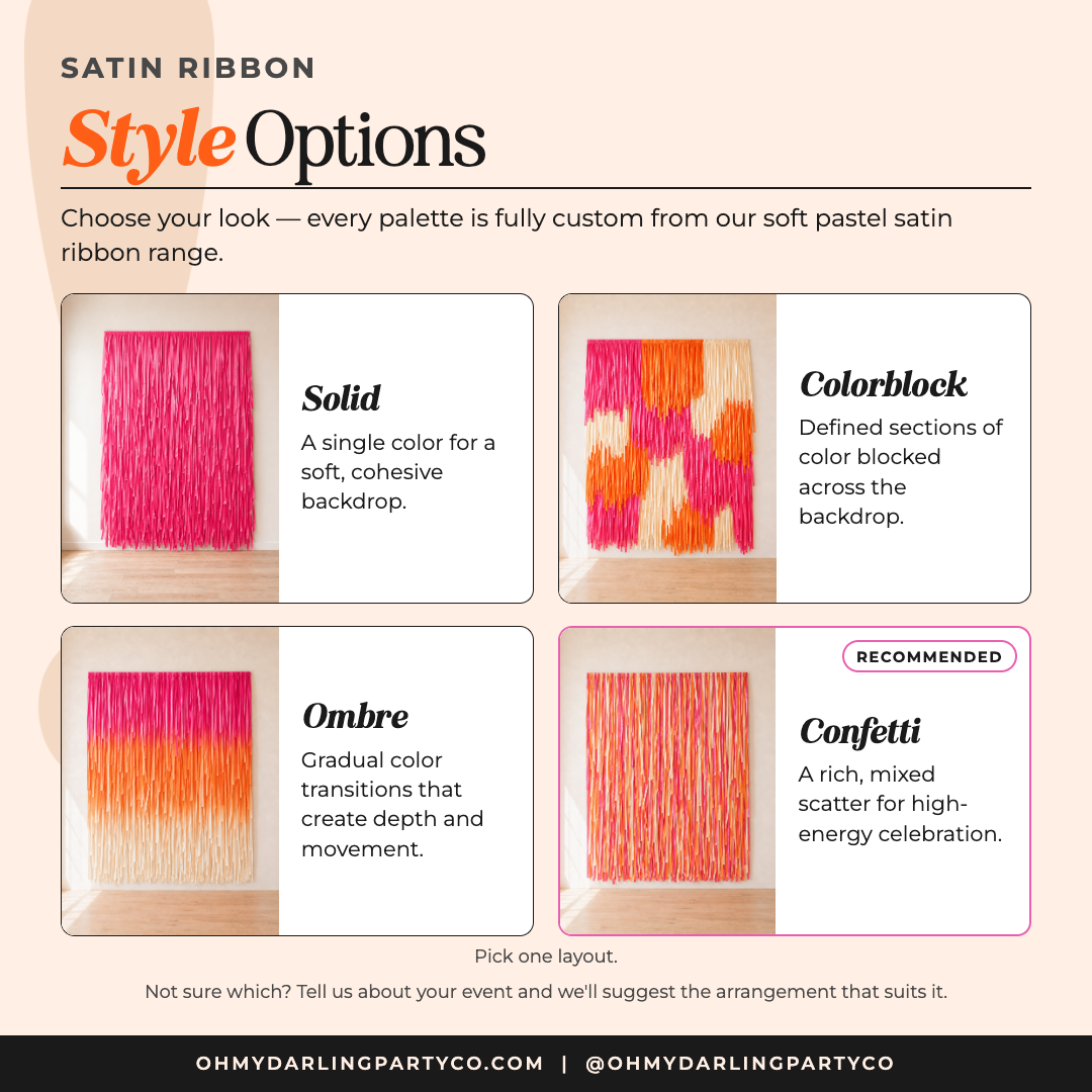 Satin Ribbon Backdrop color and style options by Oh My Darling Party Co