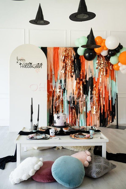 Scarecrow Backdrop-Fringe Backdrop-Party Decor-Oh My Darling Party Co-Oh My Darling Party Co-& Black with Rose Gold, backdrops for party, balloon garlands, black, black backdrops, fall, fall festival, fall party, fringe backdrop, fringe decor, fringe garland, Fringe Streamers, halloween, halloween party, Mint, OMDPC, Orange, ORANGE BACKDROP, orange halloween, oranges, party backdrops, party supplies, Peach, peachy, rose gold, scarecrow, spooky, spooky halloween, standard, tassels