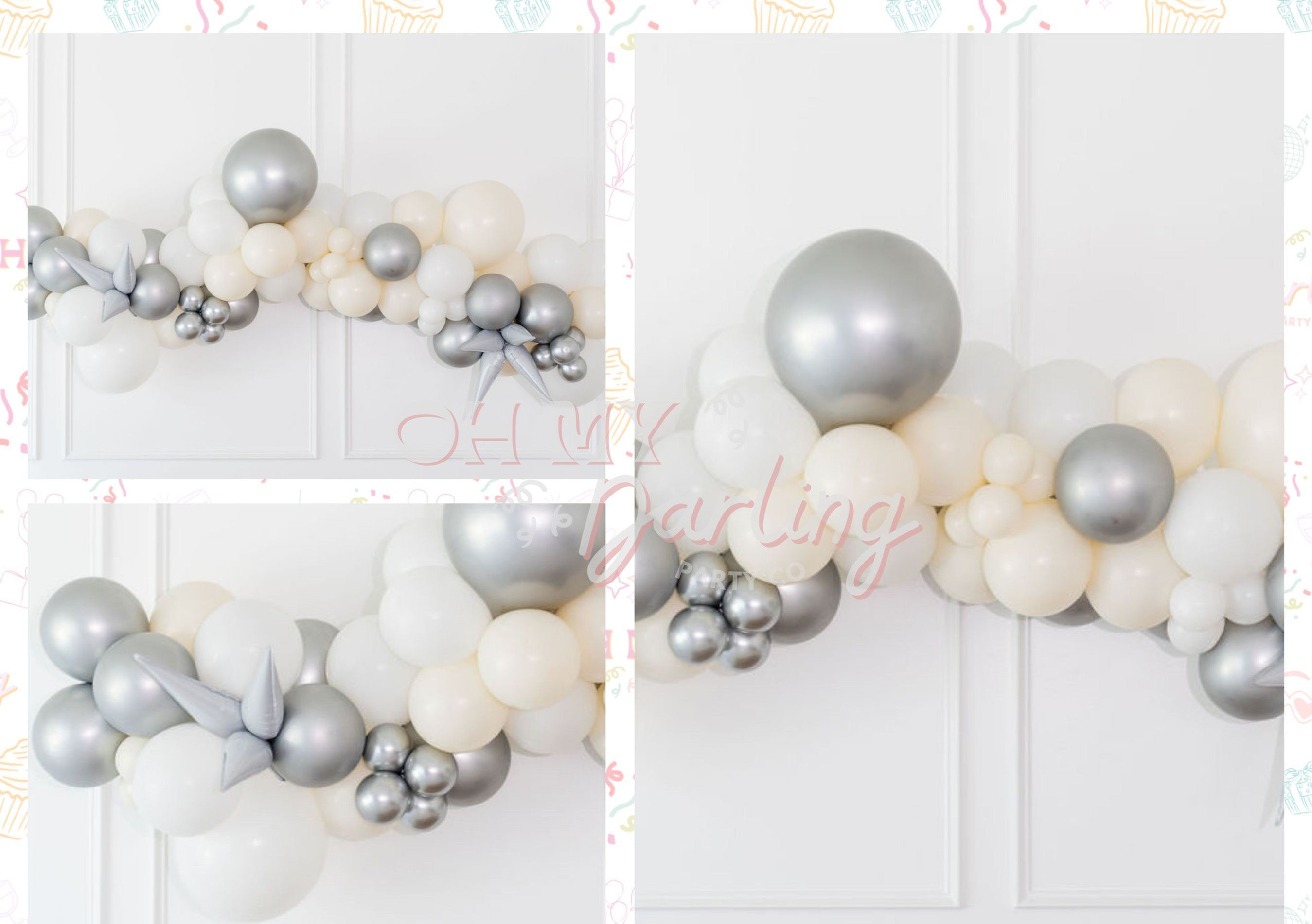 Silver Sparkle Balloon Kit fringe garland hanging against a white wall with balloons. Fringe decor perfect for corporate events or parties.