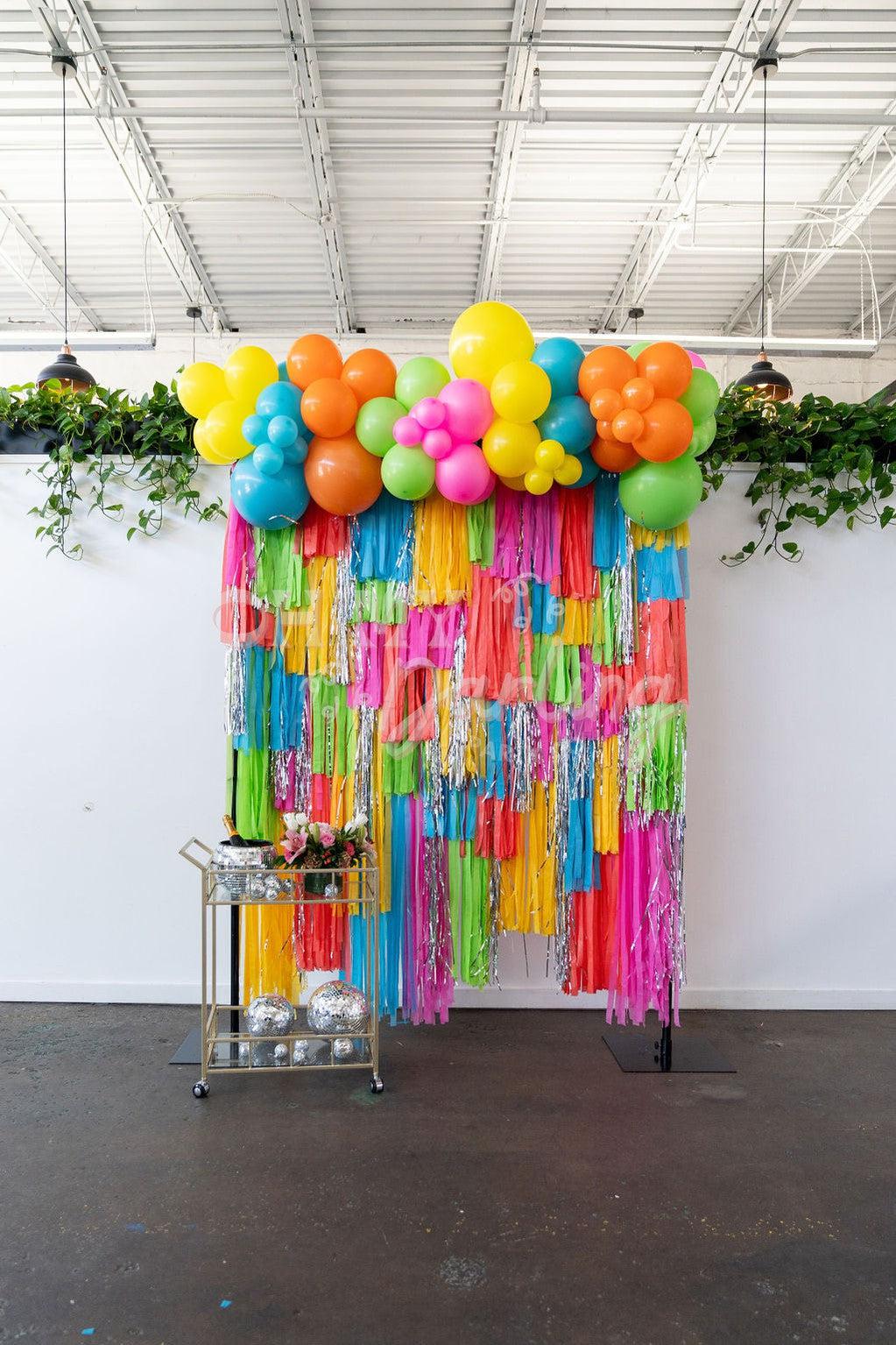 Splashing Into Summer Backdrop-Fringe Backdrop-Party Decor-Oh My Darling Party Co-Oh My Darling Party Co-backdrops for party, balloon garlands, birthday boy, birthday decorations, birthday girl, Birthday Party, blue, BLUE BACKDROP, BLUE BACKDROPS, bright rainbow, candy pink, colorful, coral, fringe backdrop, fringe decor, fringe garland, Fringe Streamers, gender neutral birthday, green, GREEN BACKDROP, GREEN BACKDROPS, happy birthday, lime green, neon, neon glow party, neon party, neon rainbows, neons, OMDP