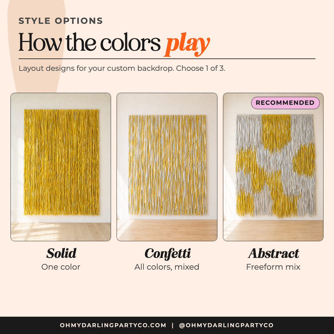 Custom Tinsel Backdrop color and style options by Oh My Darling Party Co