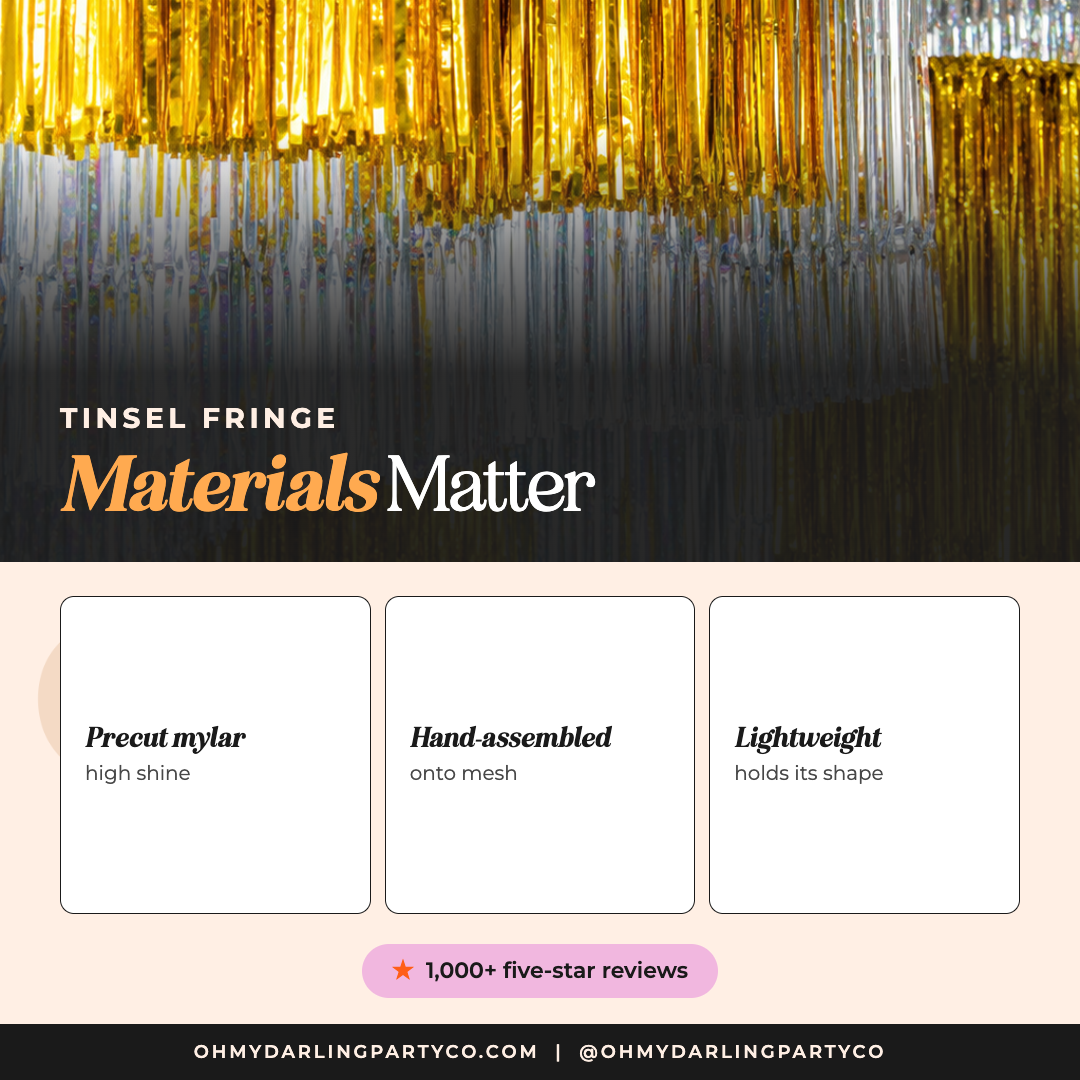 Custom Tinsel Backdrop materials by Oh My Darling Party Co