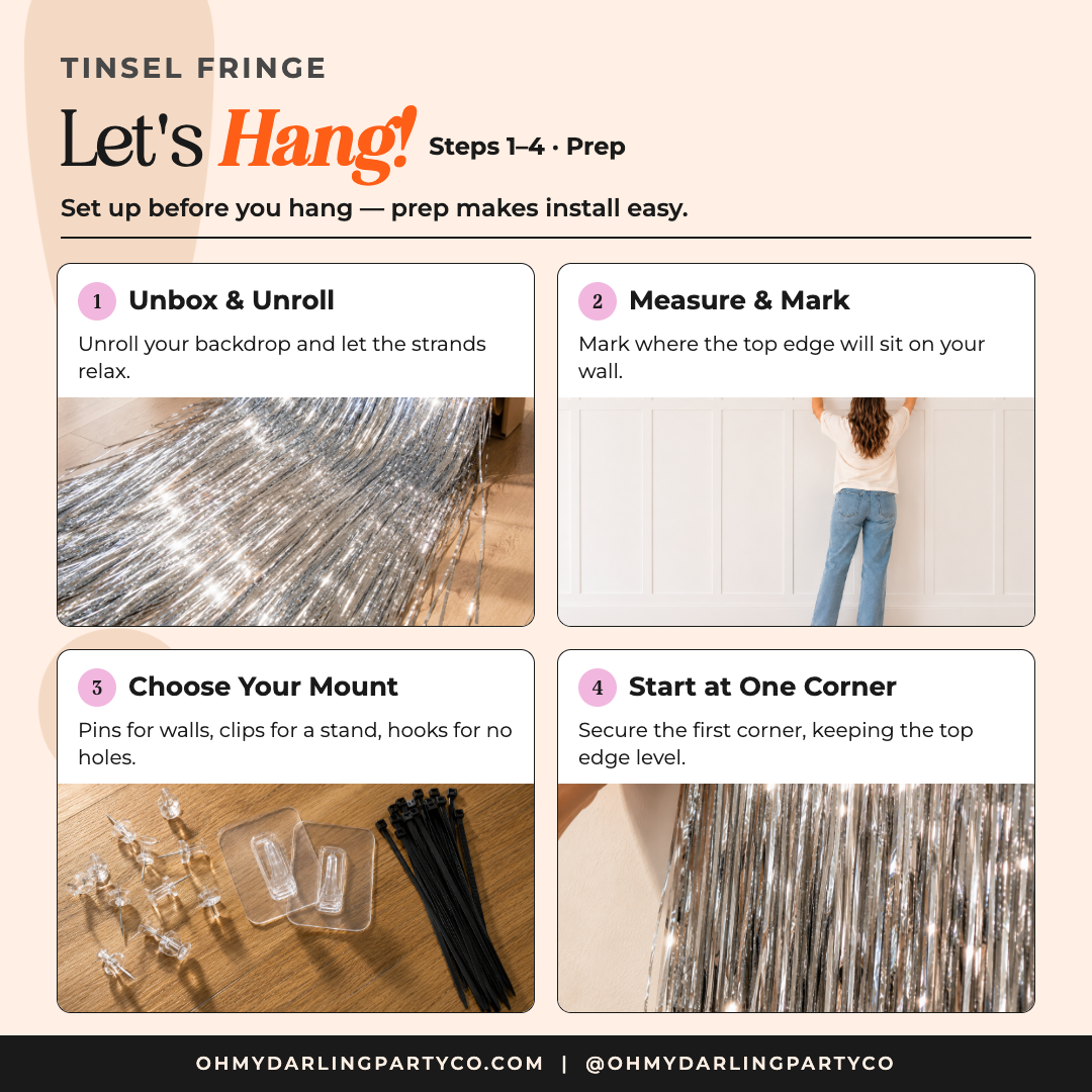 How to hang the Custom Tinsel Backdrop by Oh My Darling Party Co