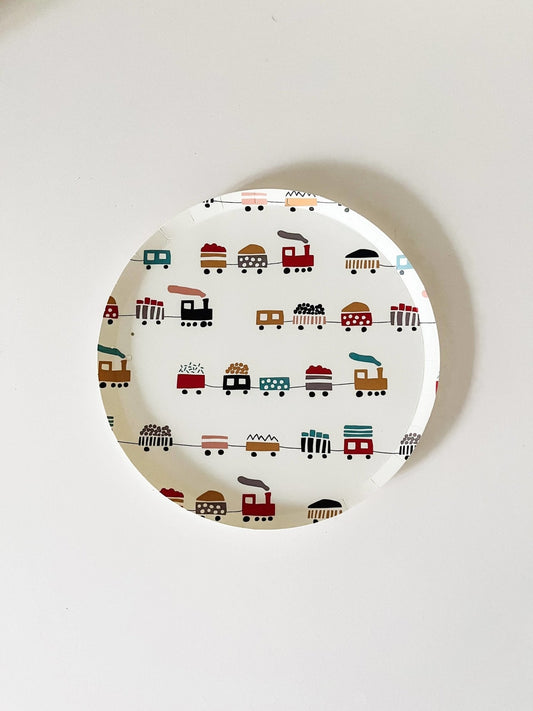 Train Small Plates-Fringe Backdrop-Party Decor-Josi James-Oh My Darling Party Co-kid plates, paper plates, party plates, party supplies, plates, SMALL PLATES, train, train plates, trains