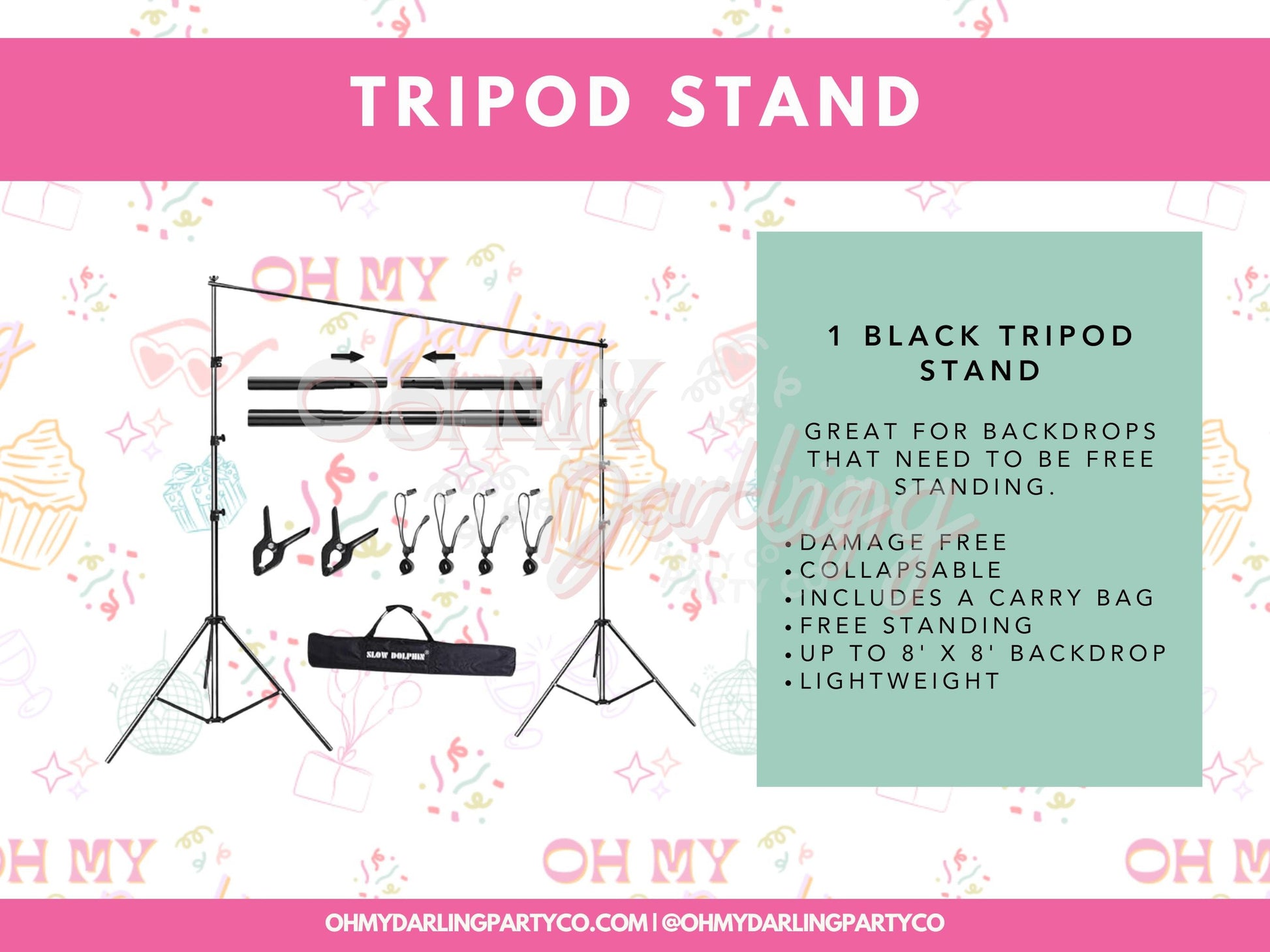 Tripod Stand-Fringe Backdrop-Party Decor-Tools-Oh My Darling Party Co-backdrop stand, backdrops for party, balloon garlands, fringe garland, Fringe Streamers, installation, installation kit, OMDPC, party backdrops, purple balloons, tassels, tools, tripod