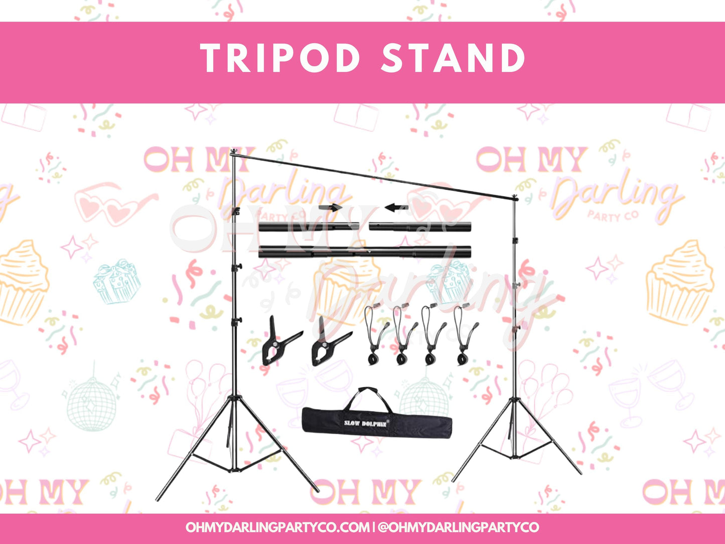 Tripod Stand-Fringe Backdrop-Party Decor-Tools-Oh My Darling Party Co-backdrop stand, backdrops for party, balloon garlands, fringe garland, Fringe Streamers, installation, installation kit, OMDPC, party backdrops, purple balloons, tassels, tools, tripod