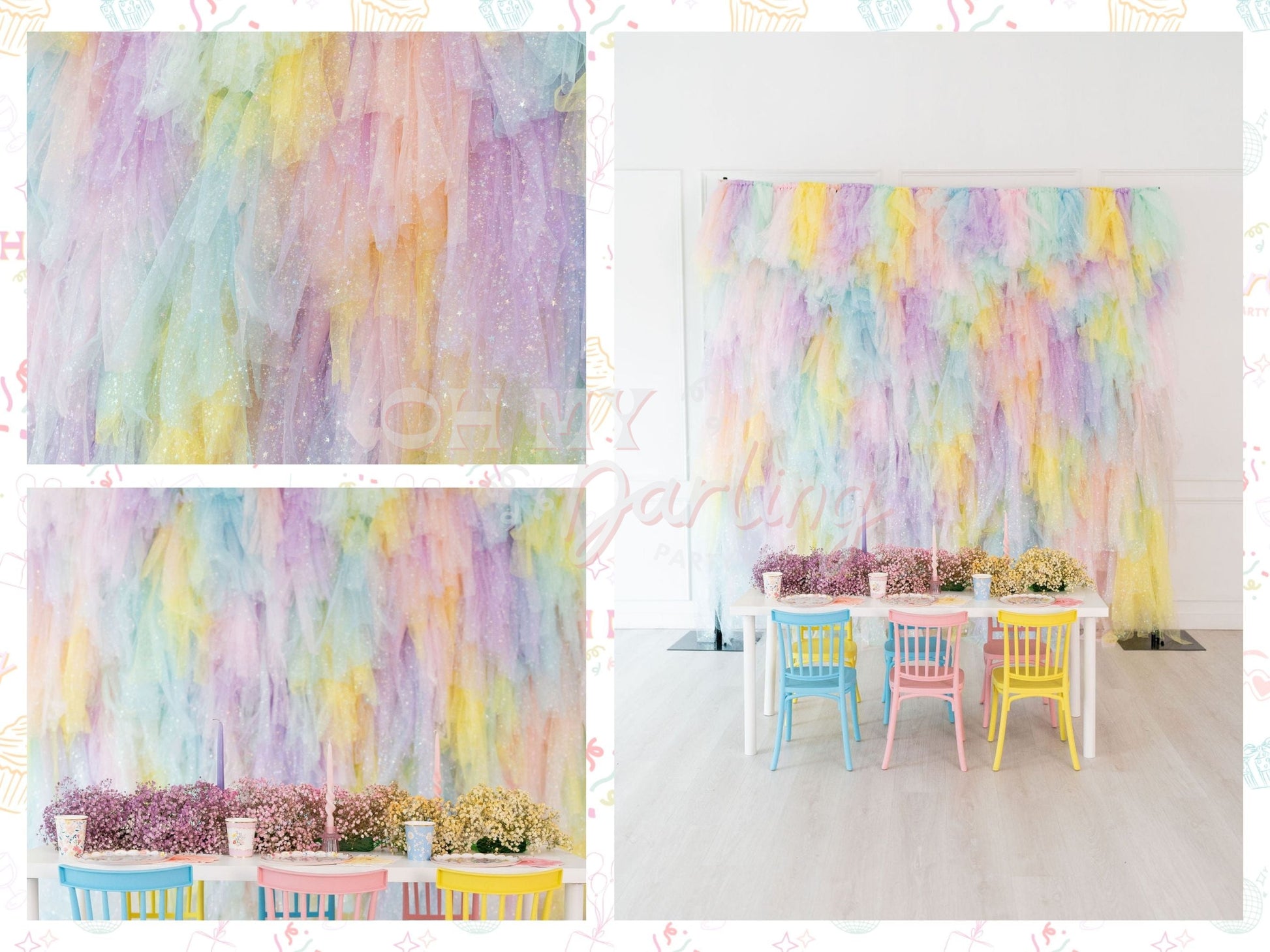 Tulle Backdrop: Pastel Rainbow-Fringe Backdrop-Party Decor-Oh My Darling Party Co-Oh My Darling Party Co-1st birthday, baby pink, backdrops for party, balloon garlands, be my valentine, blush, bridal, bridal party, bridal shower, bridal shower decor, default, dreamy, easter, easter banner, easter bunny, easter egg, easter fringe, easter garland, easter party, easter time, fringe backdrop, fringe garland, Fringe Streamers, girl party, happy easter, iridescent unicorn cup, metalic silver, metallic backdrop, O