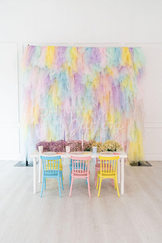 Tulle Backdrop: Pastel Rainbow-Fringe Backdrop-Party Decor-Oh My Darling Party Co-Oh My Darling Party Co-1st birthday, baby pink, backdrops for party, balloon garlands, be my valentine, blush, bridal, bridal party, bridal shower, bridal shower decor, default, dreamy, easter, easter banner, easter bunny, easter egg, easter fringe, easter garland, easter party, easter time, fringe backdrop, fringe garland, Fringe Streamers, girl party, happy easter, iridescent unicorn cup, metalic silver, metallic backdrop, O