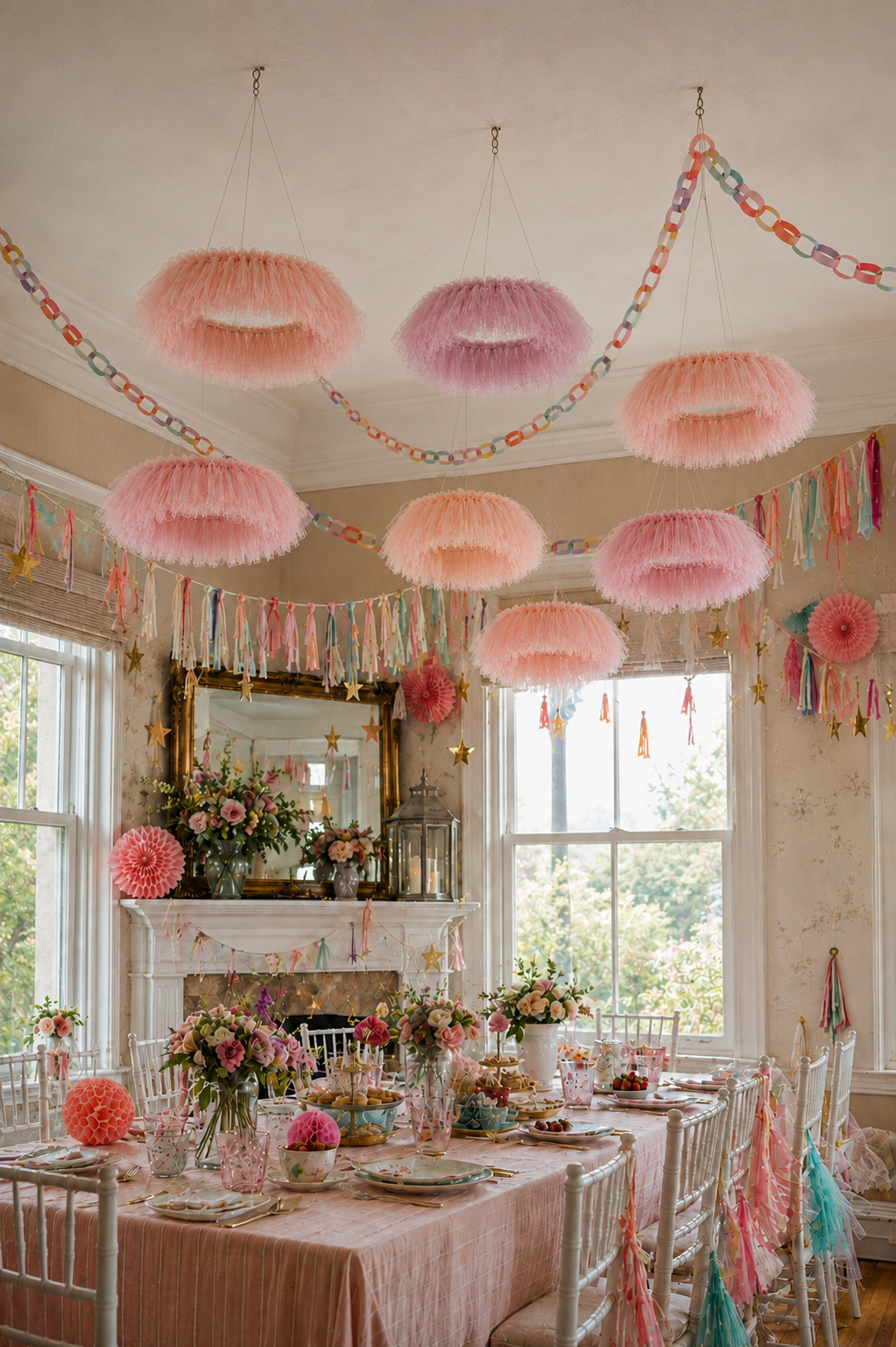 Tulle fringe aerial ring hanging from the ceiling as soft party decor
