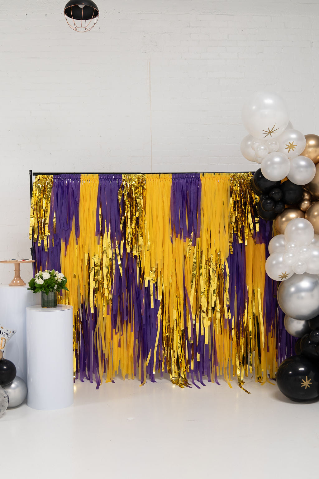 Bold in Gold, Elegant in Purple Fringe Backdrop-Backdrops-Oh My Darling Party Co