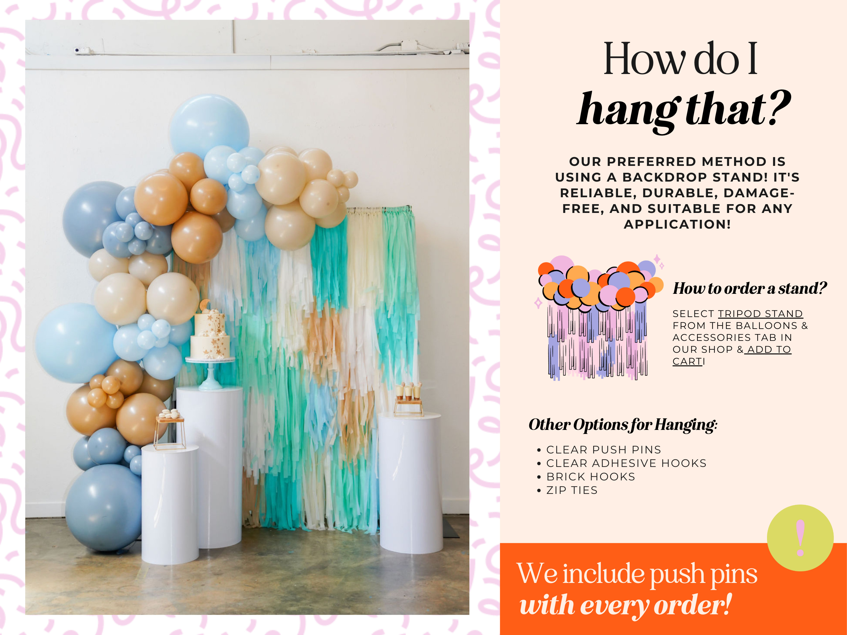 Step-by-step visual guide showing how to hang our fringe backdrops using clear push pins, command hooks, or a backdrop stand for secure and stylish event decor.