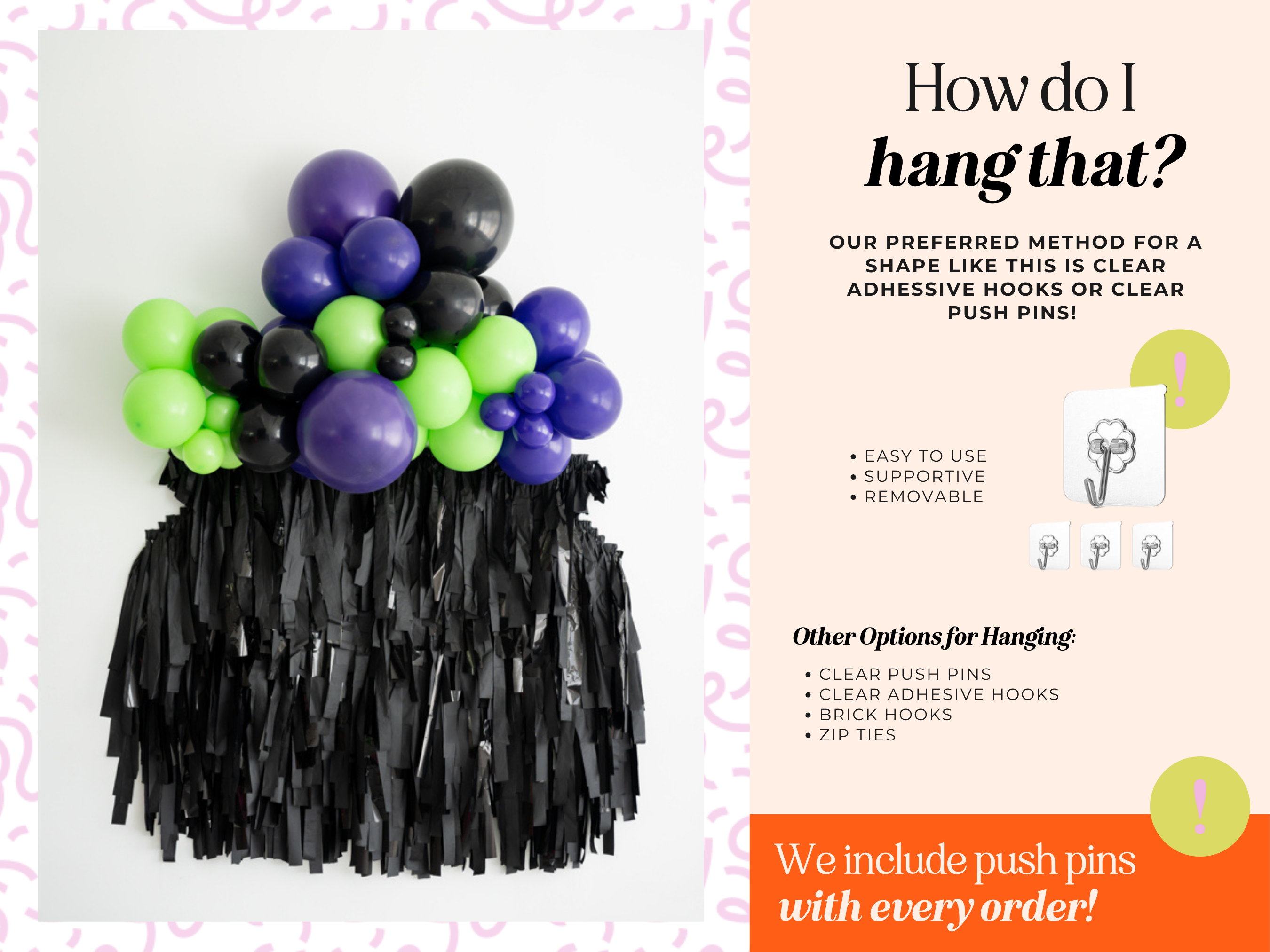 Step-by-step visual guide showing how to hang our fringe backdrops using clear push pins, command hooks, or a backdrop stand for secure and stylish event decor.