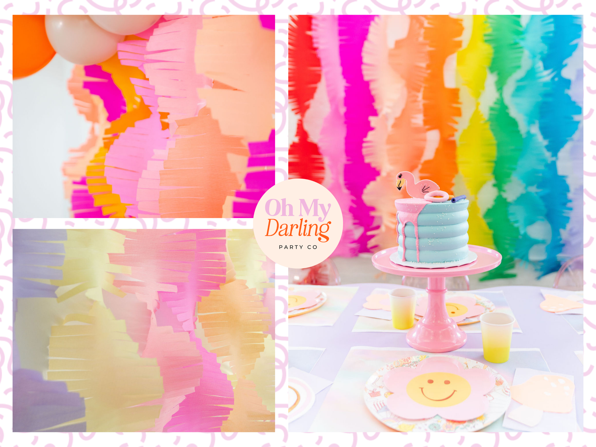 Custom Fringe Crepe Paper Streamers fringe garland hanging against a white wall with balloons. Fringe decor perfect for corporate events or parties.