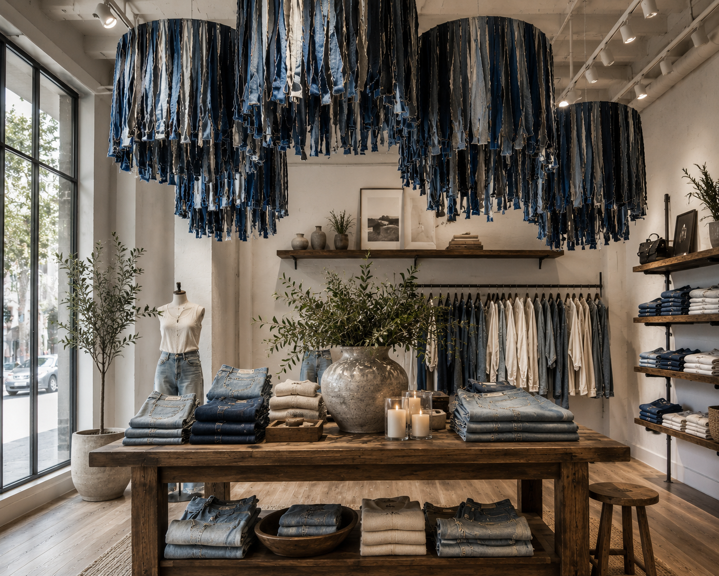 Upcycled denim fringe aerial ring hanging as western party decor
