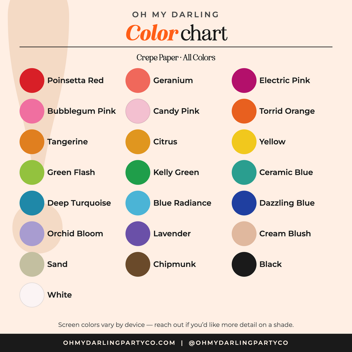 Crepe paper color chart by Oh My Darling Party Co