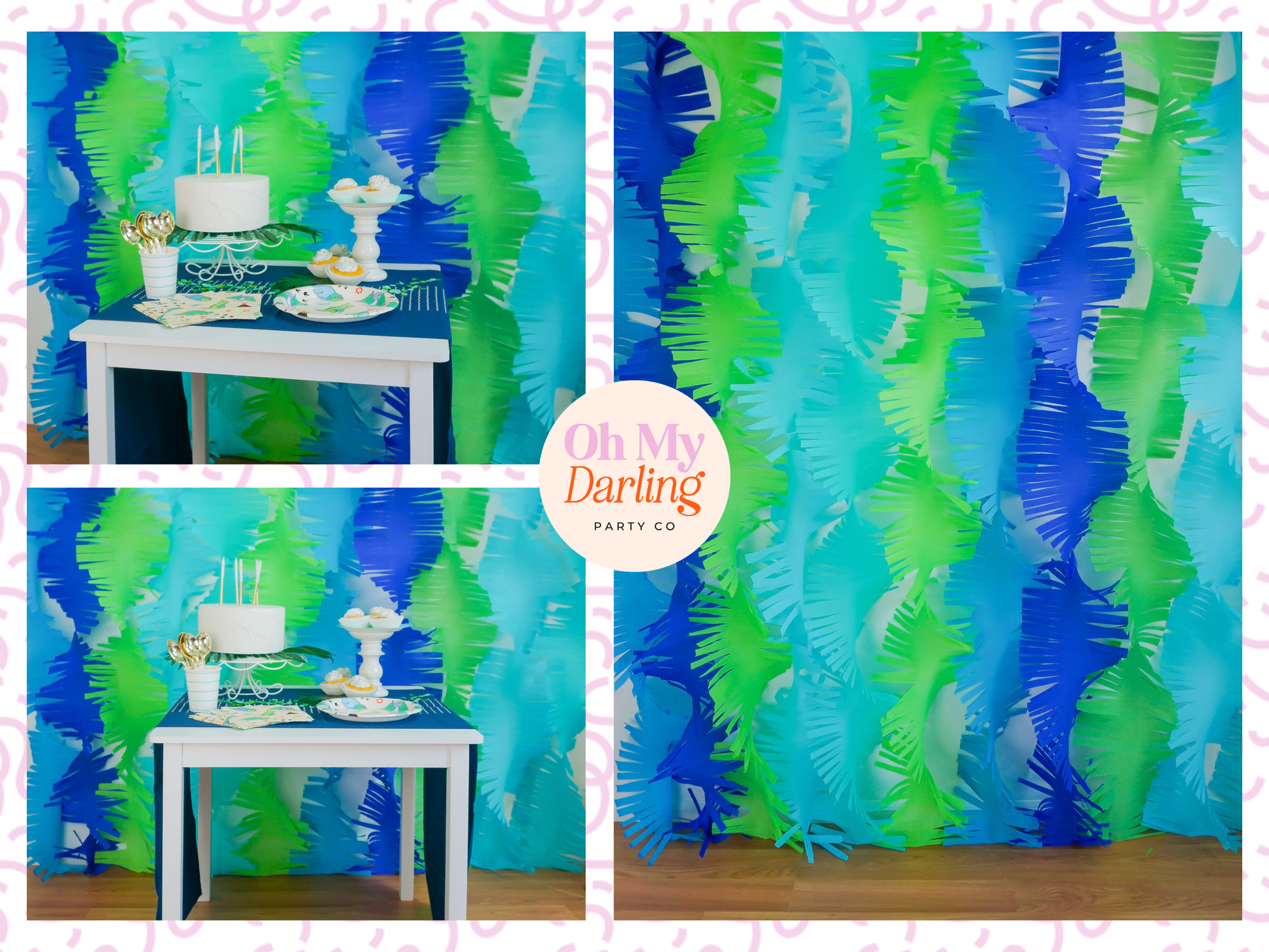Visual guide showing how to build a complete party decor bundle, including a fringe backdrop, sturdy stand, and coordinating balloon kits for a seamless event setup.