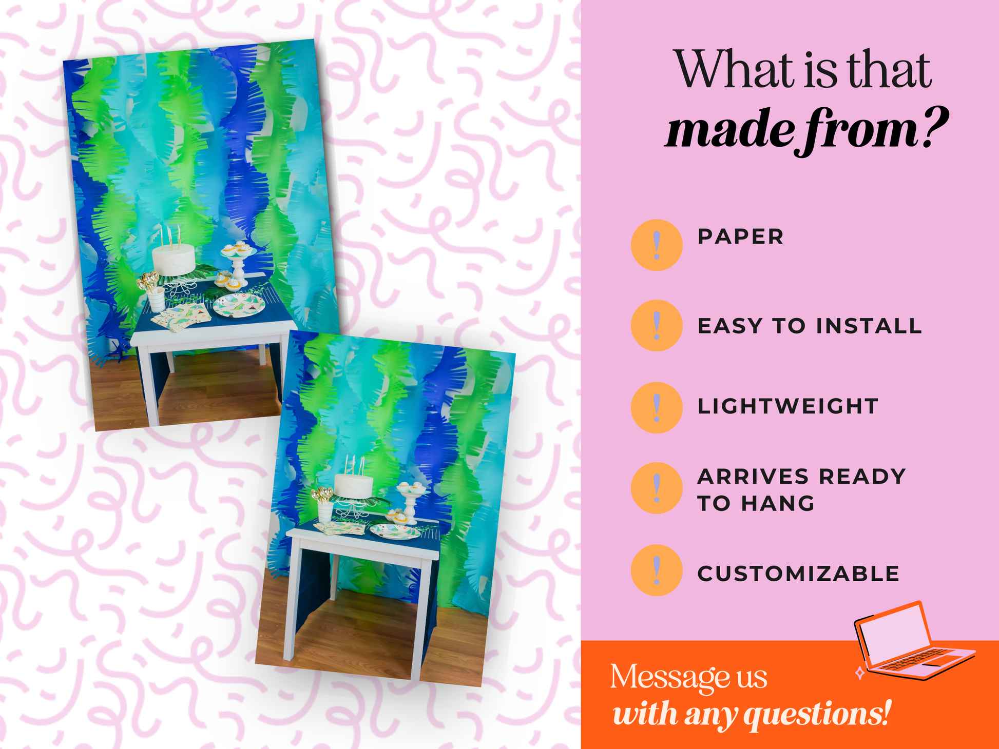Visual guide showing how to build a complete party decor bundle, including a fringe backdrop, sturdy stand, and coordinating balloon kits for a seamless event setup.