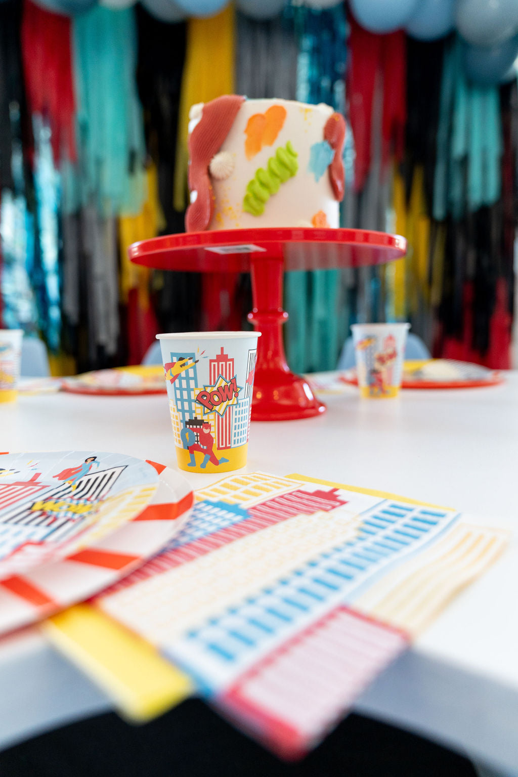 POW! BAM! CELEBRATE! Superhero Fringe Backdrop-Backdrops-Oh My Darling Party Co