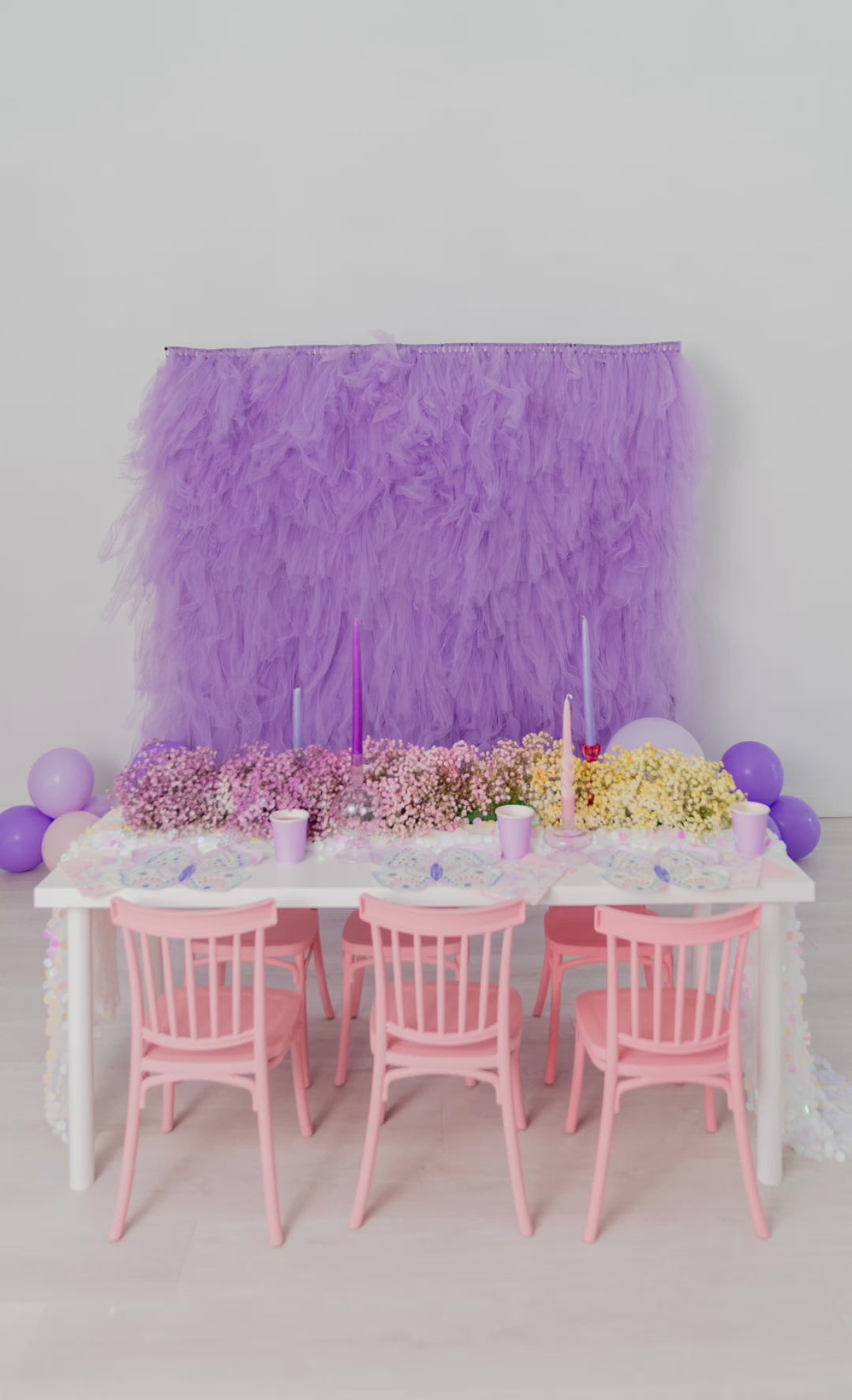 Load video: Tulle Fringe Backdrop in Lavender