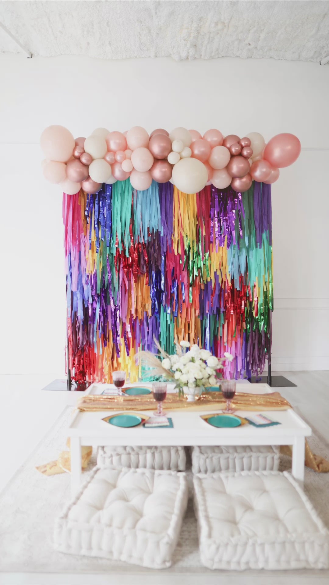 Load video: Jewel Tone Rainbow Fringe Backdrop