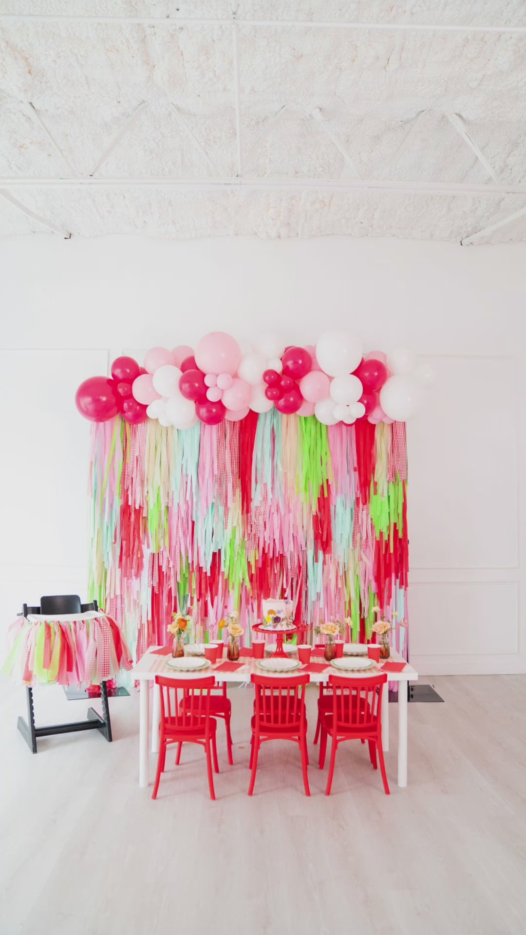 Load video: Berry Sweet Strawberry Fringe Backdrop