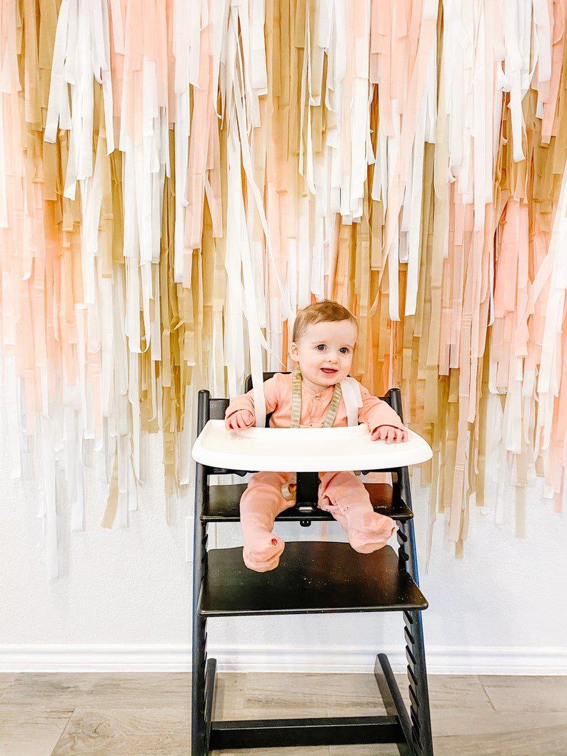 Ready to Ship: Just Peachy 1st Birthday Fringe Backdrop-Fringe Backdrop-Party Decor-Ready To Ship-Oh My Darling Party Co-backdrops for party, balloon garlands, boho, boy party, butterfly, cream, easter, fairy, florals, fringe garland, Fringe Streamers, girl party, gn party, GOLD BACKDROP, matte gold, neutral, OMDPC, ORANGE BACKDROP, party backdrops, pastel, peach, peachy, rainbow, retro, RTS - 70, sale, spring, tassels, tea party, wedding shower, white, WHITE BACKDROP, winter one-derland