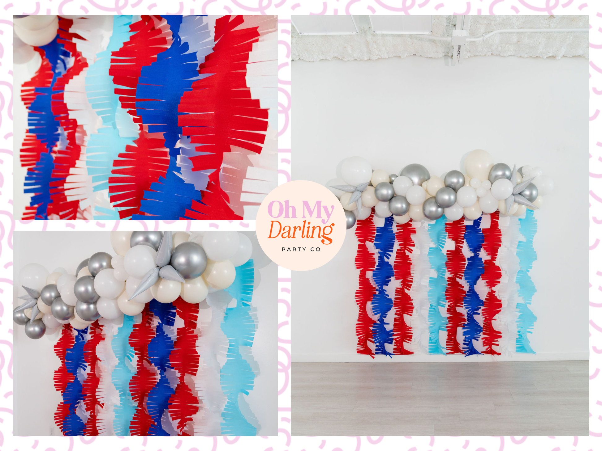Visual guide showing how to build a complete party decor bundle, including a fringe backdrop, sturdy stand, and coordinating balloon kits for a seamless event setup.