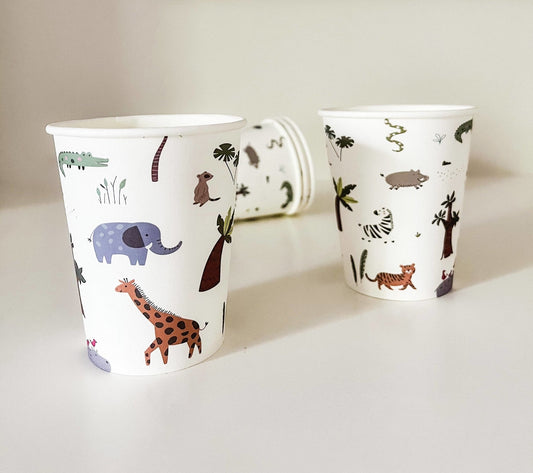 Safari Cups-Fringe Backdrop-Party Decor-Josi James-Oh My Darling Party Co-animal party, animal plates, birthday cups, cups, Faire, jungle, jungle party, paper cups, party animal, party animals, party cups, Reusable Cups, safari, safari animals, safari party, sale, Set of Cups
