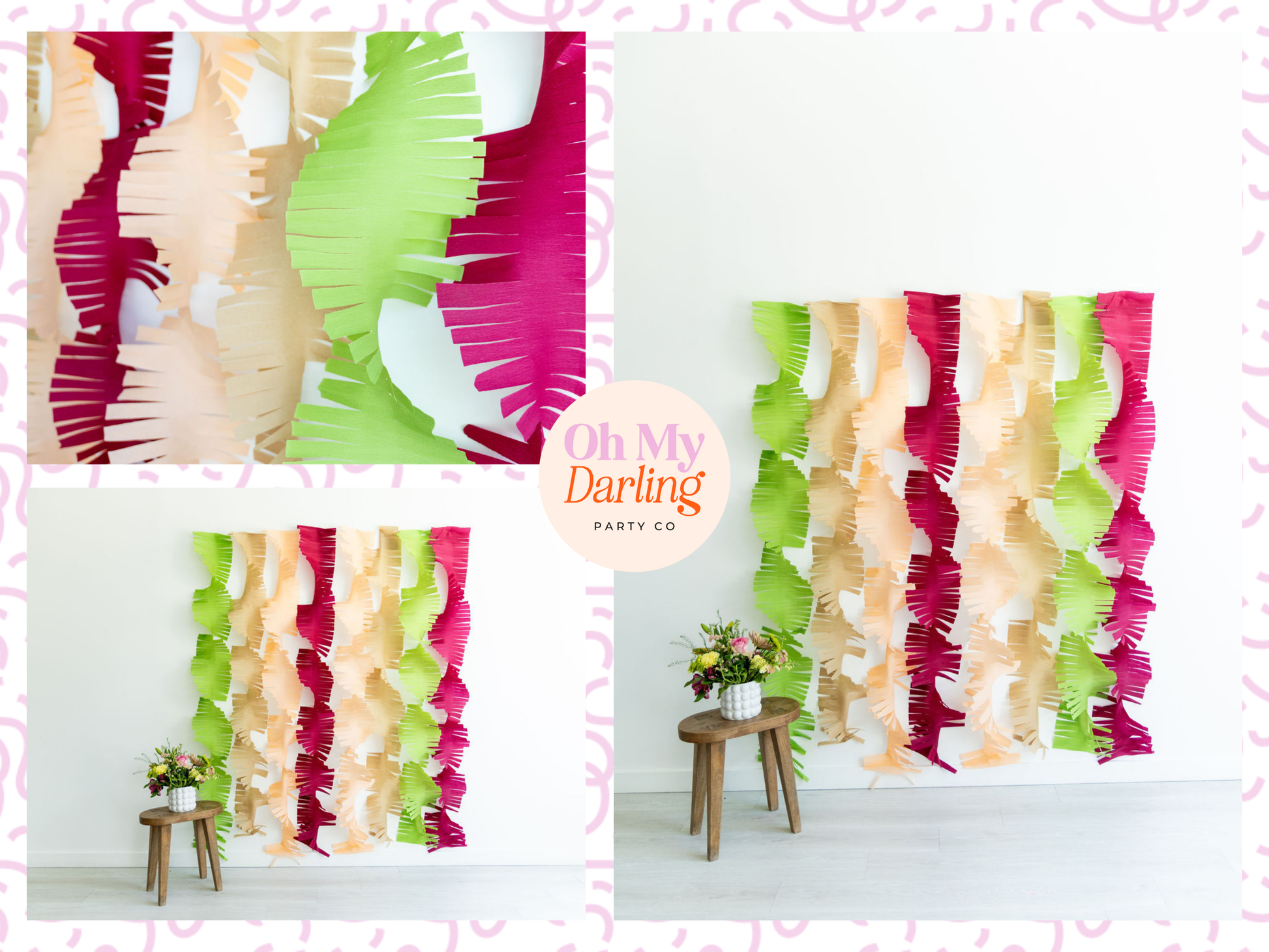 Visual guide showing how to build a complete party decor bundle, including a fringe backdrop, sturdy stand, and coordinating balloon kits for a seamless event setup.