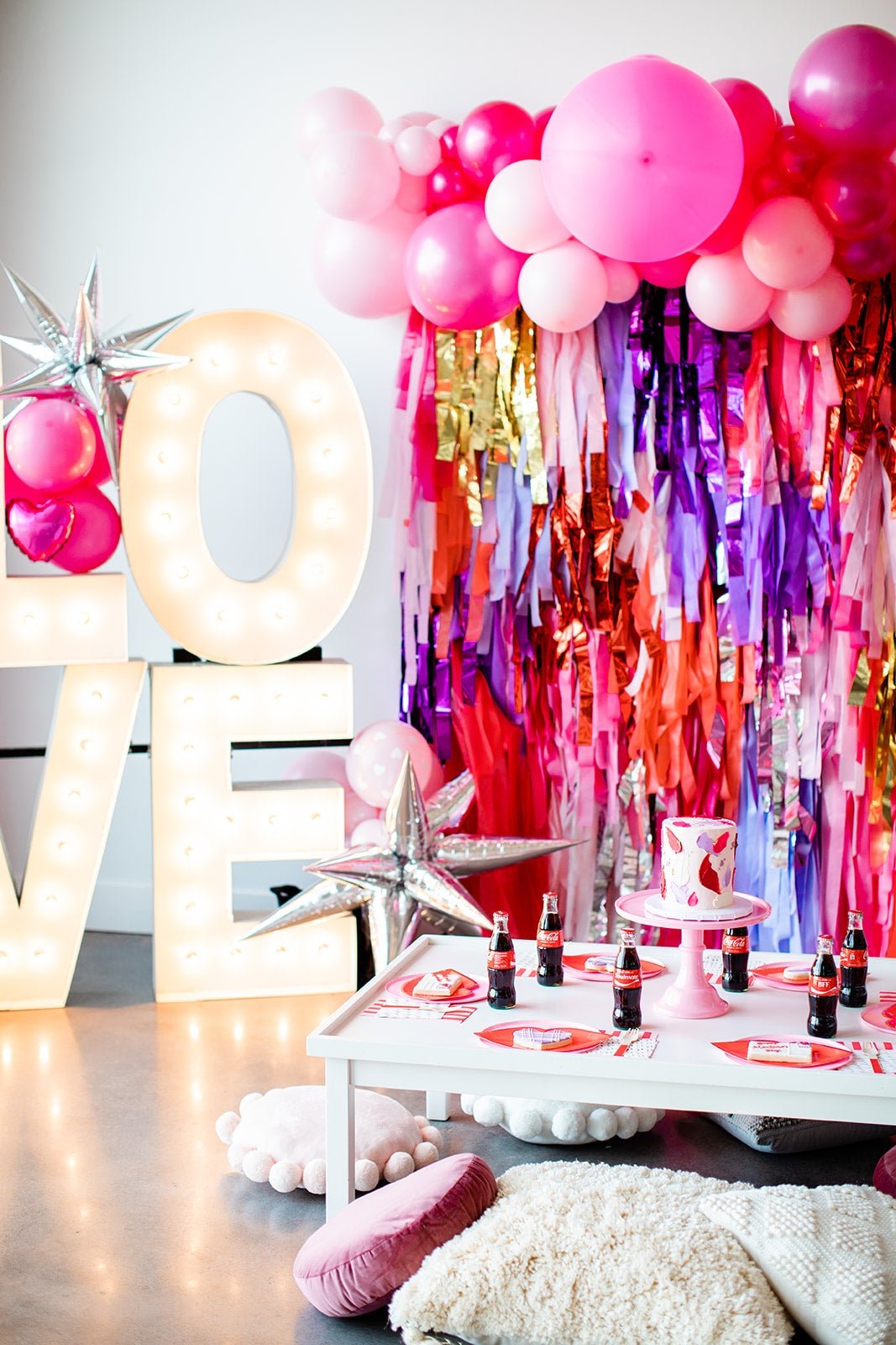 Colorful Valentine's Party Backdrop - Oh My Darling Party Co-amethystbacheloretteblush #Fringe_Backdrop#