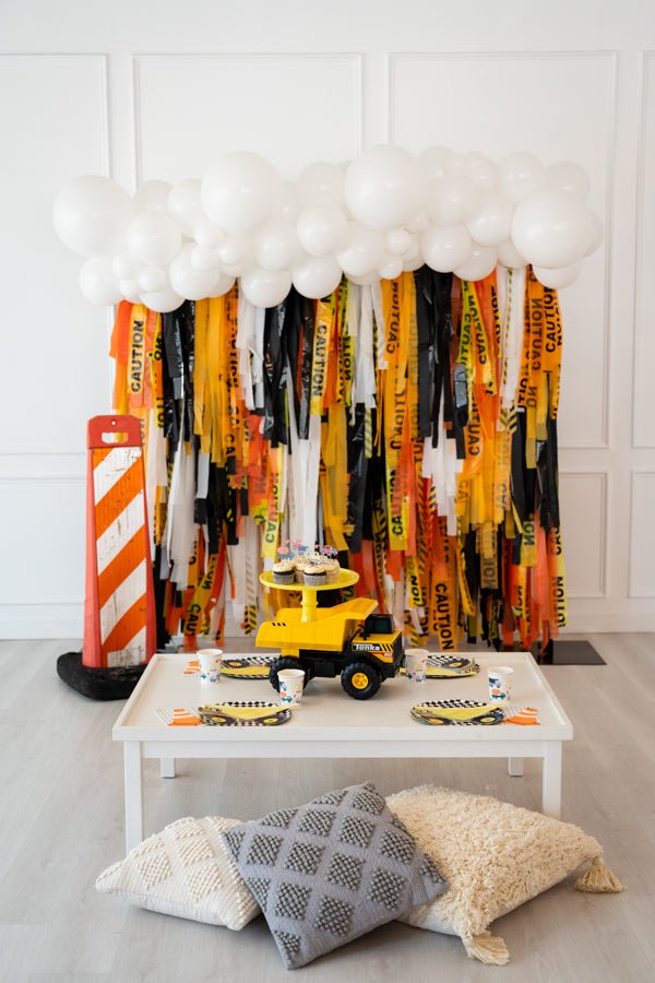 Construction-Caution Backdrop - Oh My Darling Party Co-baby Under Constructionbirthday boybirthday decorations #Fringe_Backdrop#